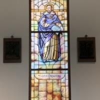 Stained Glass Window of St. Thomas Aquinas in the Busch School of Business St. Michael the Archangel Chapel